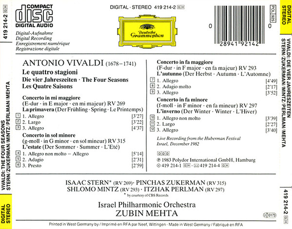 Antonio Vivaldi - Stern* · Zukerman* · Mintz* · Perlman* · Israel Philharmonic Orchestra · Zubin Mehta-1