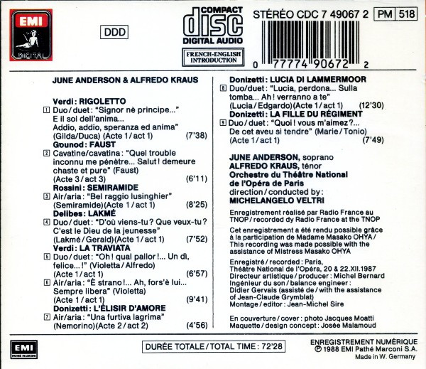 June Anderson / Alfredo Kraus / Verdi* / Gounod* / Rossini* / Delibes* / Donizetti* / Orchestre Du Teatre National De L'Opéra De Paris* / Michelangelo Veltri-1