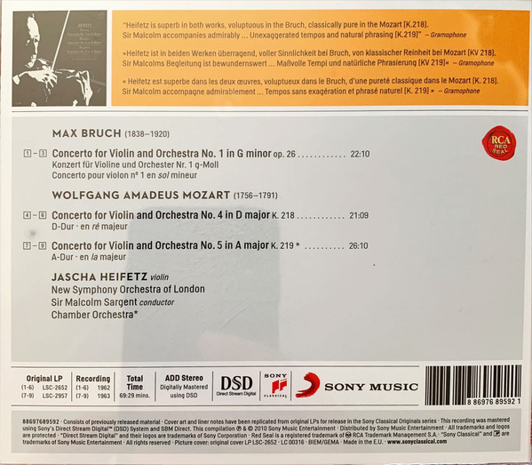 Bruch* · Mozart* - Heifetz*, Sir Malcolm Sargent, New Symphony Orchestra Of London*-1