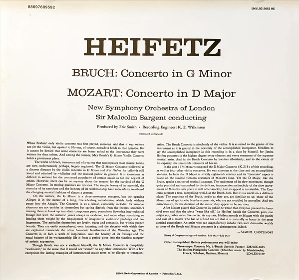 Bruch* · Mozart* - Heifetz*, Sir Malcolm Sargent, New Symphony Orchestra Of London*-3