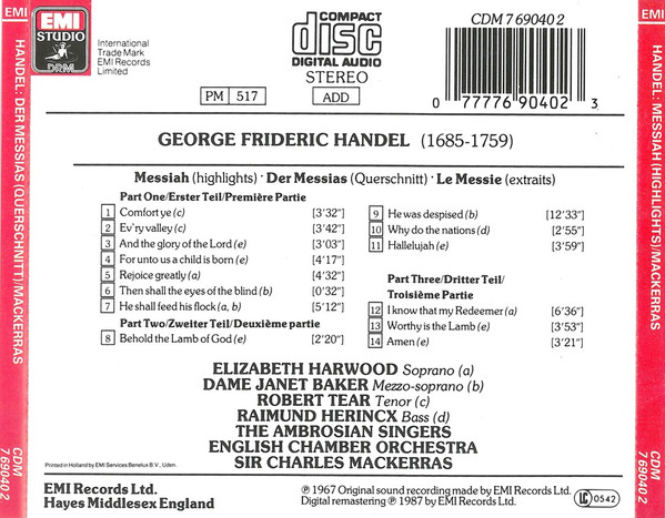 Handel* – Harwood* • Baker* • Tear* • Herincx* • Ambrosian Singers* • English Chamber Orchestra • Charles Mackerras*-1