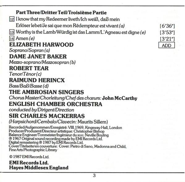Handel* – Harwood* • Baker* • Tear* • Herincx* • Ambrosian Singers* • English Chamber Orchestra • Charles Mackerras*-3