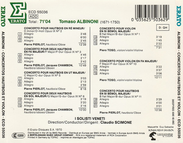 Tomaso Albinoni, Pierre Pierlot, Jacques Chambon, Piero Toso, Claudio Scimone, I Solisti Veneti-1