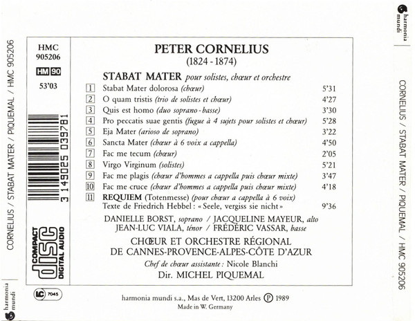 Peter Cornelius (2) / Danielle Borst, Jacqueline Mayeur, Jean-Luc Viala, Frederic Vassar, Choeur et Orchestre Régional de Cannes-Provence-Alpes-Côte d'Azur Direction Michel Piquemal-1
