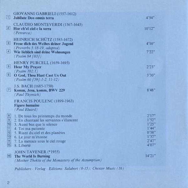 Giovanni Gabrieli, Claudio Monteverdi, Heinrich Schütz, Henry Purcell, Johann Sebastian Bach, Francis Poulenc, John Tavener, John Eliot Gardiner, The Monteverdi Choir-1