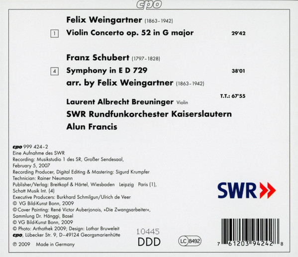 Felix Weingartner - Schubert* - Laurent Albrecht Breuninger*, SWR Rundfunkorchester Kaiserslautern*, Alun Francis-1