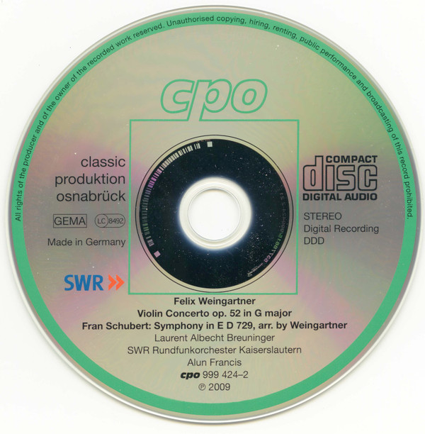 Felix Weingartner - Schubert* - Laurent Albrecht Breuninger*, SWR Rundfunkorchester Kaiserslautern*, Alun Francis-2