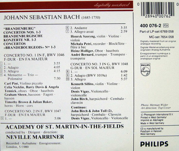Bach* – Henryk Szeryng, Heinz Holliger, Carl Pini, Michala Petri, André Bernard, Academy of St. Martin-in-the-Fields*, Neville Marriner*-1