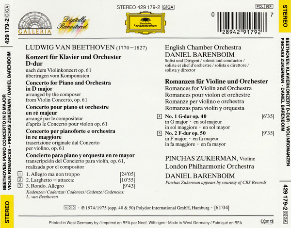 Ludwig van Beethoven, Pinchas Zukerman, Daniel Barenboim-1