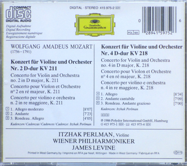 Mozart* - Itzhak Perlman, Wiener Philharmoniker, James Levine (2)-3