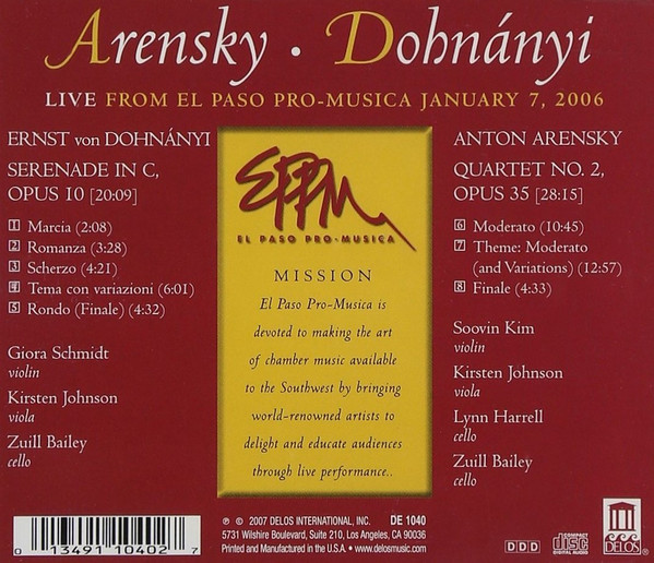 Arensky* • Dohnányi* - Lynn Harrell, Giora Schmidt, Kirsten Johnson (2), Soovin Kim, Zuill Bailey-1
