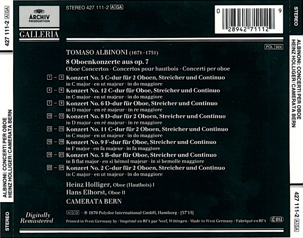 Tomaso Albinoni - Heinz Holliger, Hans Elhorst, Camerata Bern-1