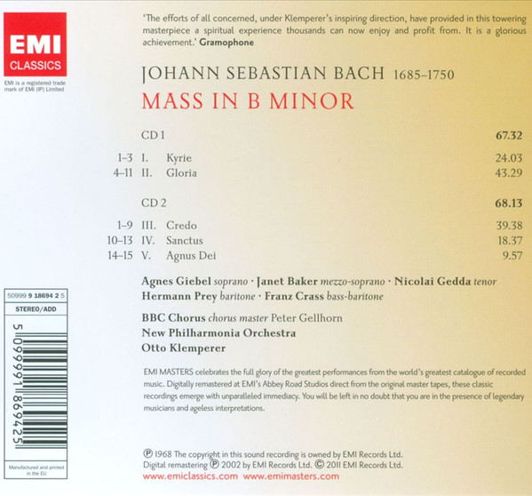 J.S. Bach* - Agnes Giebel · Janet Baker · Nicolai Gedda · Hermann Prey · Franz Crass · BBC Chorus* · New Philharmonia Orchestra · Otto Klemperer-1