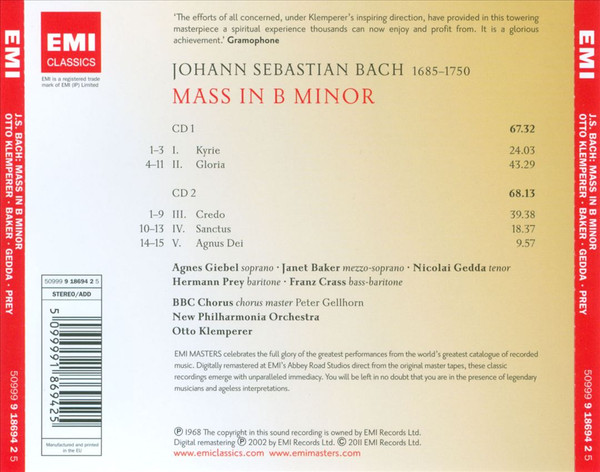 J.S. Bach* - Agnes Giebel · Janet Baker · Nicolai Gedda · Hermann Prey · Franz Crass · BBC Chorus* · New Philharmonia Orchestra · Otto Klemperer-2