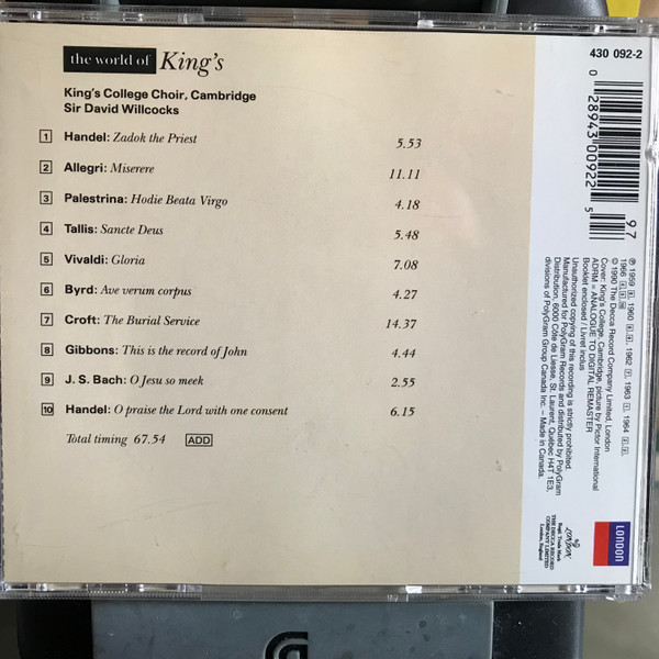 King's College Choir, Cambridge*, Sir David Willcocks*, Allegri*, Handel*, Byrd*, Tallis*, Palestrina*, Bach*, Vivaldi*, Gibbons*-1