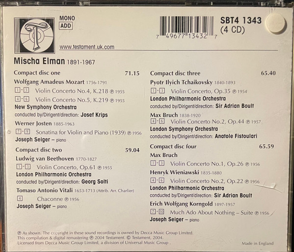 Mischa Elman, Mozart*, Beethoven*, Tchaikovsky*, Bruch*, Wieniawski*-1