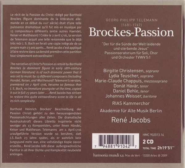 Georg Philipp Telemann - Birgitte Christensen · Lydia Teuscher · Marie-Claude Chappuis · Donát Havár · Daniel Behle · Johannes Weisser · RIAS-Kammerchor · Akademie Für Alte Musik Berlin · René Jacobs-1