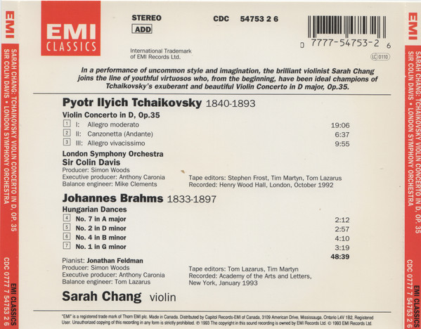 Pyotr Ilyich Tchaikovsky / Johannes Brahms - Sarah Chang, Sir Colin Davis, London Symphony Orchestra-1
