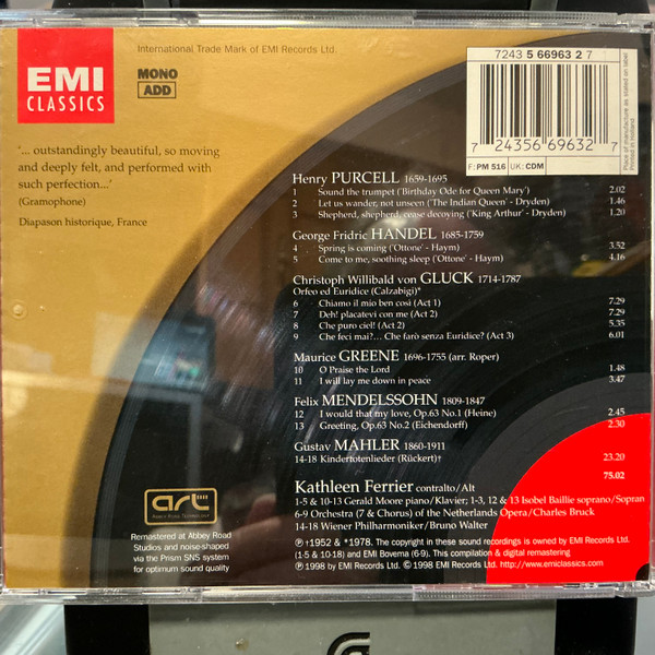 Mahler* · Gluck* · Greene* · Handel* · Mendelssohn* · Purcell* · Kathleen Ferrier · Bruno Walter-1