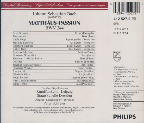 Johann Sebastian Bach - Lucia Popp · Marjana Lipovšek · Peter Schreier · Theo Adam · Eberhard Büchner · Robert Holl · Rundfunkchor Leipzig · Staatskapelle Dresden-1