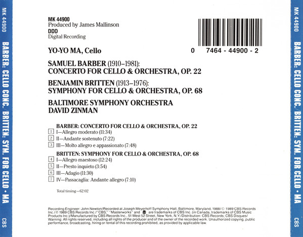 Yo-Yo Ma, Barber* / Britten*, Baltimore Symphony Orchestra, David Zinman-1