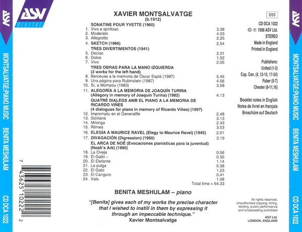 Xavier Montsalvatge, Benita Meshulam-1