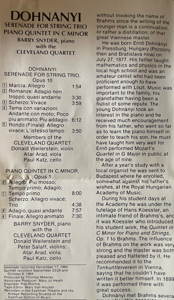 Ernst Von Dohnanyi* – Cleveland Quartet*, Barry Snyder-3