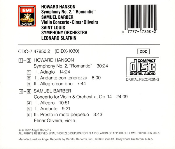 Howard Hanson / Samuel Barber, Elmar Oliveira, Saint Louis Symphony*, Leonard Slatkin-1
