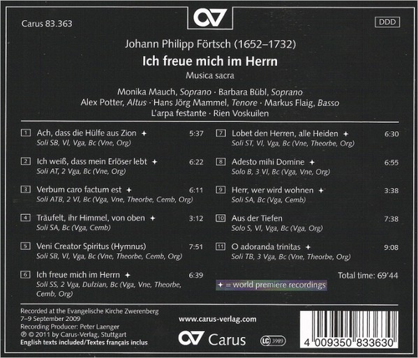 Johann Philipp Förtsch, Monika Mauch, Barbara Bübl, Alex Potter, Hans Jörg Mammel, Markus Flaig, Barockorchester L'Arpa Festante, Rien Voskuilen-1