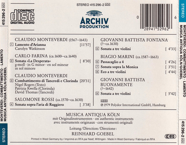 Claudio Monteverdi - Nigel Rogers (2), Patrizia Kwella, David Thomas (9), Carolyn Watkinson, Musica Antiqua Köln, Reinhard Goebel-1
