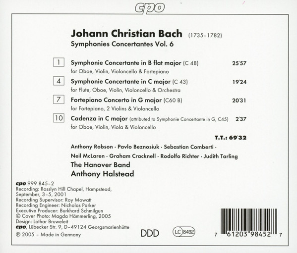 Johann Christian Bach – McLaren* ∙ Robson* ∙ Beznosiuk* ∙ Comberti* ∙ Cracknell* ∙ Richter* ∙ Tarling* ∙ The Hanover Band* ∙ Anthony Halstead-1