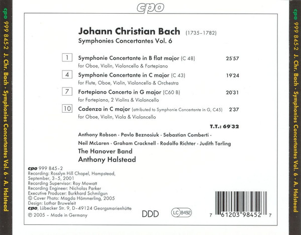 Johann Christian Bach – McLaren* ∙ Robson* ∙ Beznosiuk* ∙ Comberti* ∙ Cracknell* ∙ Richter* ∙ Tarling* ∙ The Hanover Band* ∙ Anthony Halstead-2