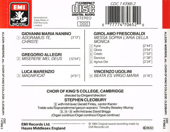Allegri* / Nanino* / Marenzio* / Frescobaldi* / Ugolini* - King's College Choir, Cambridge* Directed By Stephen Cleobury-1