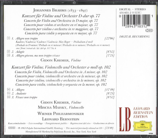 Johannes Brahms, Gidon Kremer, Mischa Maisky, Leonard Bernstein, Vienna Philharmonic Orchestra*-1