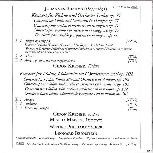 Johannes Brahms, Gidon Kremer, Mischa Maisky, Leonard Bernstein, Vienna Philharmonic Orchestra*-3