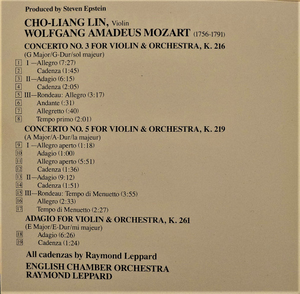 Mozart* - Cho-Liang Lin, English Chamber Orchestra, Raymond Leppard-3
