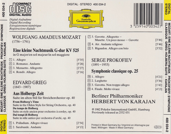 Mozart*, Grieg*, Prokofiev*, Berliner Philharmoniker, Herbert von Karajan-1