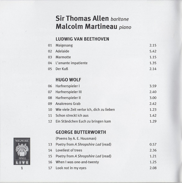 Sir Thomas Allen*, Malcolm Martineau, Beethoven*, Wolf*, Butterworth*, Vaughan Williams*, Bridge*-3