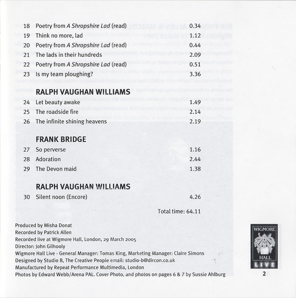 Sir Thomas Allen*, Malcolm Martineau, Beethoven*, Wolf*, Butterworth*, Vaughan Williams*, Bridge*-4