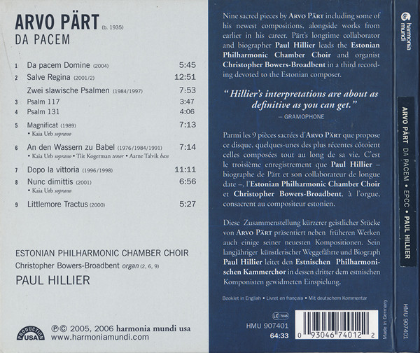 Arvo Pärt - Estonian Philharmonic Chamber Choir, Paul Hillier With Christopher Bowers-Broadbent-1