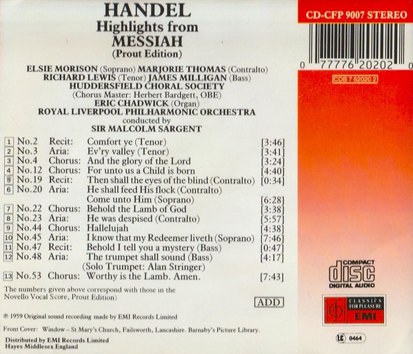 Handel* – Elsie Morison • Marjorie Thomas • Richard Lewis (3) • Eric Chadwick - Organ • The Huddersfield Choral Society* • The Royal Liverpool Philharmonic Orchestra* • Sir Malcolm Sargent-2