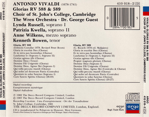 Antonio Vivaldi, Lynda Russell, Patrizia Kwella, Anne Wilkens, Kenneth Bowen, St. John's College Choir, The Wren Orchestra, George Guest (2)-1