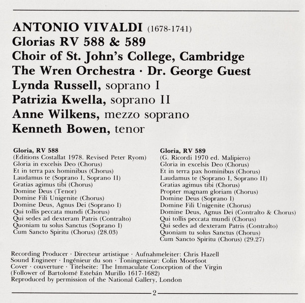 Antonio Vivaldi, Lynda Russell, Patrizia Kwella, Anne Wilkens, Kenneth Bowen, St. John's College Choir, The Wren Orchestra, George Guest (2)-4
