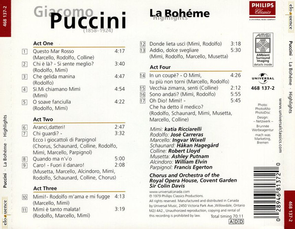Giacomo Puccini / Katia Ricciarelli, José Carreras, Ingvar Wixell, Håkan Hagegård, Robert Lloyd (4), Ashley Putnam, William Elvin, Francis Egerton, Orchestra Of The Royal Opera House, Covent Garden, Chorus Of The Royal Opera House, Covent Garden, Sir Colin Davis-1