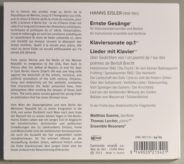 Hanns Eisler - Matthias Goerne, Thomas Larcher, Ensemble Resonanz-1