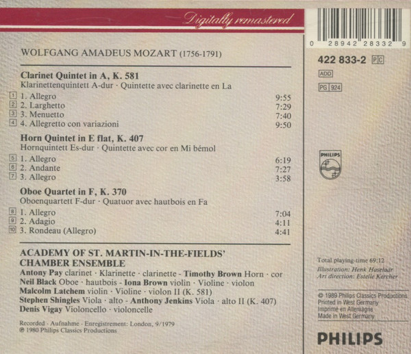 Mozart*, Antony Pay, Timothy Brown (2), Neil Black (3), Academy Of St. Martin-In-The Fields' Chamber Ensemble*-1