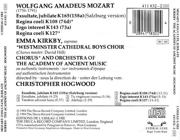 Mozart* / Emma Kirkby, Westminster Cathedral Boys Choir*, Chorus* & Orchestra Of The Academy Of Ancient Music*, Christopher Hogwood-1