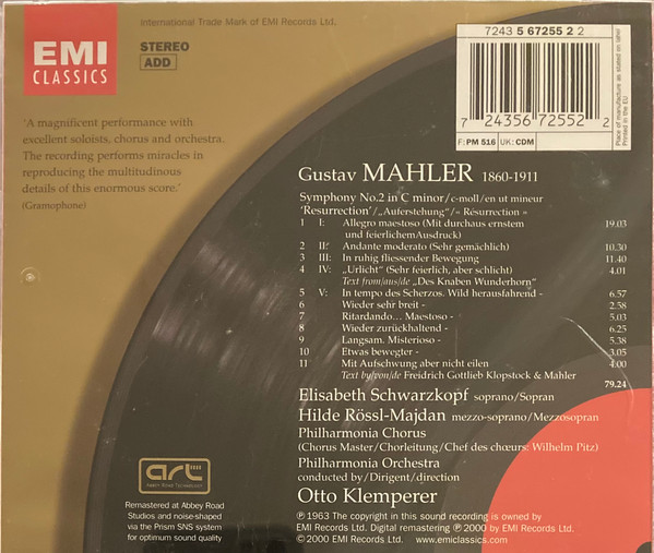 Mahler* / Elisabeth Schwarzkopf, Hilde Rössl-Majdan*, Philharmonia Chorus, Philharmonia Orchestra, Otto Klemperer-1