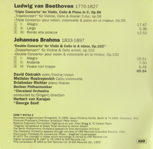 David Oistrach, Mstislav Rostropovich, Sviatoslav Richter, Berliner Philharmoniker, The Cleveland Orchestra, Herbert von Karajan, George Szell / Ludwig van Beethoven / Johannes Brahms-2