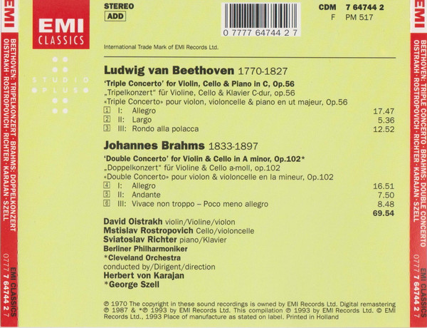 David Oistrach, Mstislav Rostropovich, Sviatoslav Richter, Berliner Philharmoniker, The Cleveland Orchestra, Herbert von Karajan, George Szell / Ludwig van Beethoven / Johannes Brahms-4
